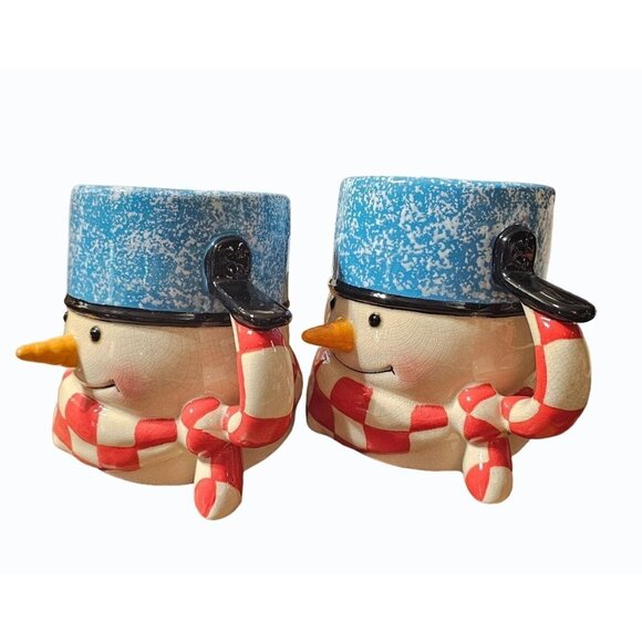 Hallmark Mitford Tipsy Snowman Mug Jan Karon  3D Christmas Coffee X 2 Vintage - Picture 1 of 10
